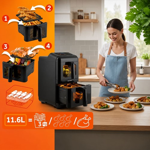 Frytkownica beztłuszczowa dwukomorowa pionowa 11.6 l Air fryer frytownica Berdsen 3000W BD-663