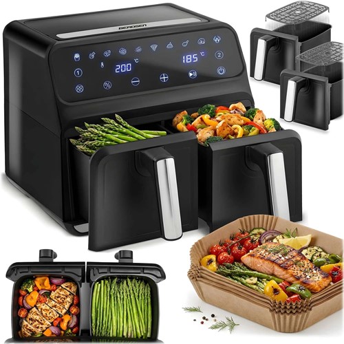 Frytkownica beztłuszczowa Air fryer frytownica XXL 8l dwukomorowa Berdsen BD-653 czarno-srebrna