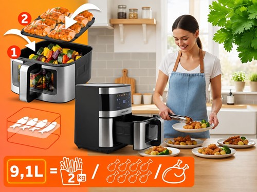 Frytkownica beztłuszczowa Air fryer duża frytownica 9,1l Berdsen 1700 W BD-656 srebrna