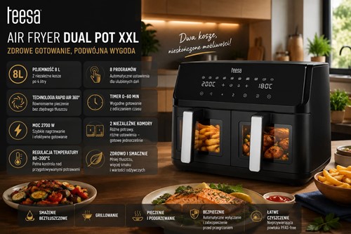 Frytkownica beztłuszczowa TEESA AIR FRYER DUAL POT XXL 8L 2700W