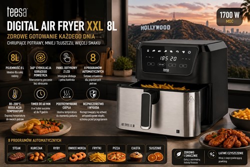 Frytkownica beztłuszczowa TEESA DIGITAL AIR FRYER XXL , 8L , 1700W, duża miska , programy , podtrzymywanie ciepła