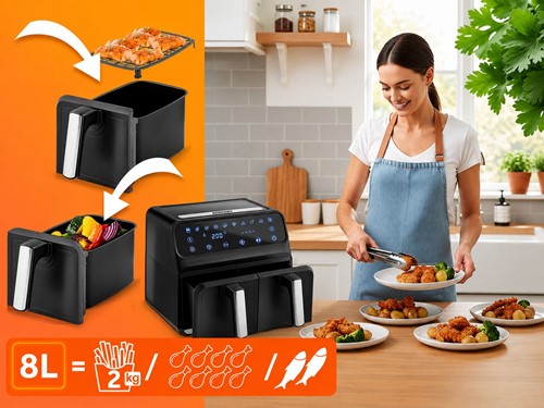 Frytkownica beztłuszczowa Air fryer frytownica XXL 8l dwukomorowa Berdsen BD-653 czarno-srebrna