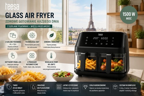 Frytkownica beztłuszczowa TEESA GLASS AIR FRYER 4L, 1,5 L, 1500W